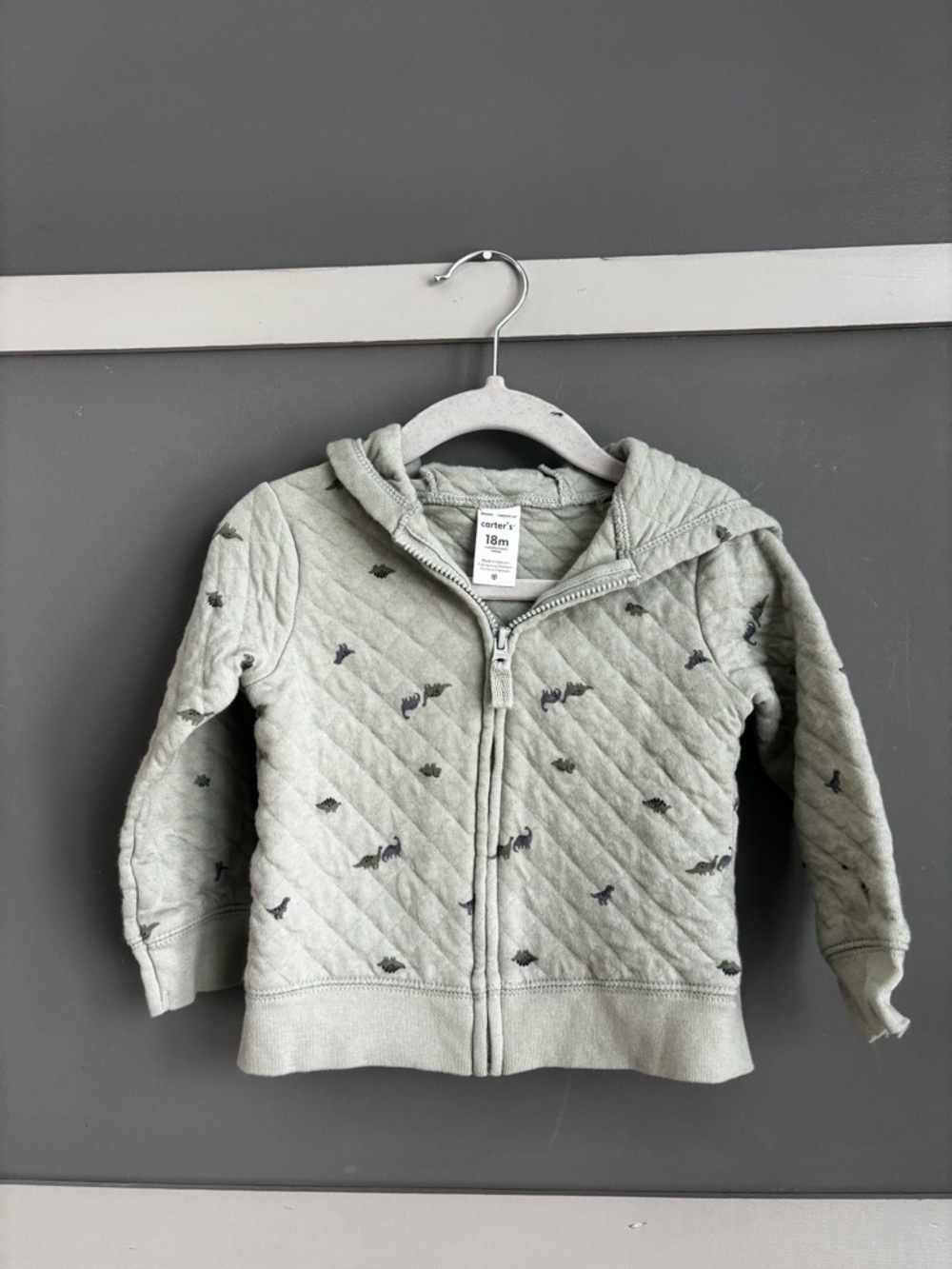 Carter's Quilted Hooded Zip Jacket in Sage Green with Dinosaur Motif